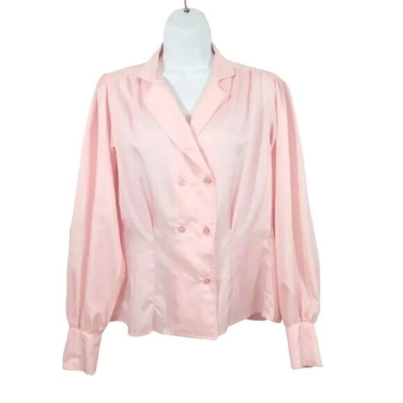 Vintage 70's Double Breasted Button Down Puff Sleeve Pale Pink Blouse Size Large - Picture 1 of 6